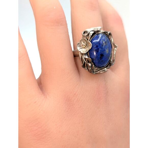 Vintage 925 Sterling Silver Lapis Lazuli Flower Vining Metal Work Ring Size 8.25 - Picture 3 of 8